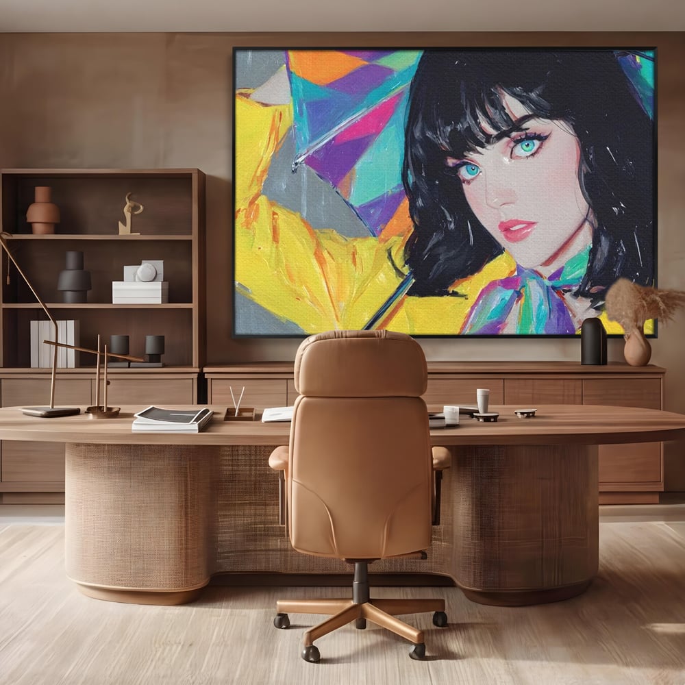 Tablou canvas cu pictura cu femeie bruneta si umbrela colorata, in rama de aluminiu negru, pe perete intr-un birou